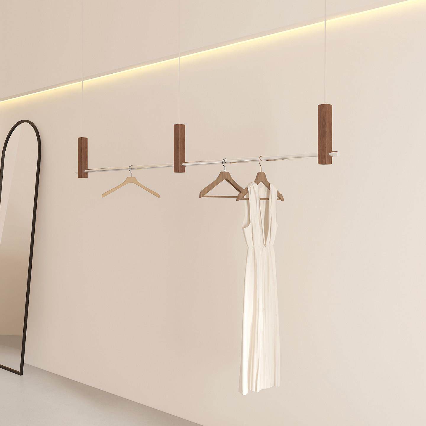 服装店吊杆展示架不锈钢中古仿胡桃木货架陈列架女装店专用挂衣架