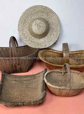 民俗老物件竹编篮子竹筐簸箕780年代提篮草帽中式复古装饰摆件