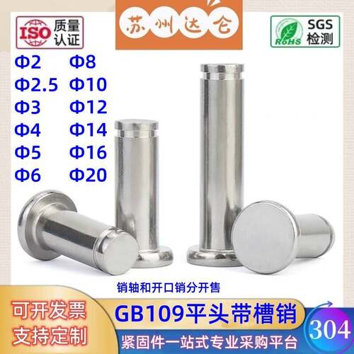 304不锈钢GB109销轴平头尾部带槽销插销钉圆柱定位销钉M2-M20mm