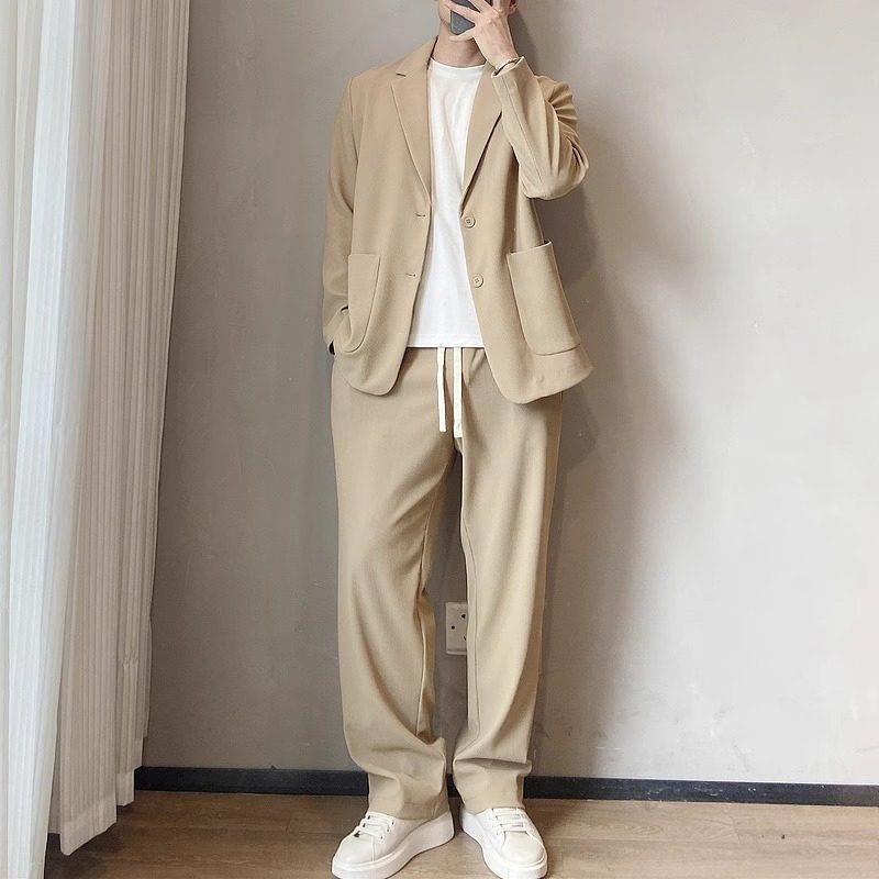 轻奢薄款条纹垂感西服两件套男士2025春秋季宽松休闲西装套装外套