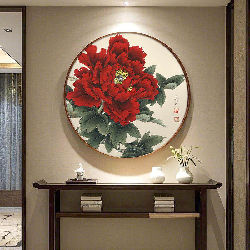 牡丹花挂画客厅装饰画玄关卧室床头背景圆形新中式壁画花开富贵图