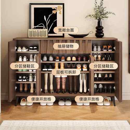 鞋柜门一体柜家用靠墙鞋架中古-户门口厅风收纳鞋柜复古实入木鞋