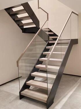 双梁钢木楼梯别墅阁楼复试楼梯自建房钢结构网红玻璃带灯楼梯