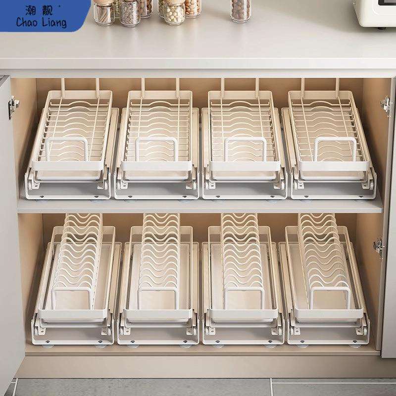 厨房抽拉碗碟架橱柜内拉篮碗架抽屉式分层放碗盘子收纳沥水置尶鶪