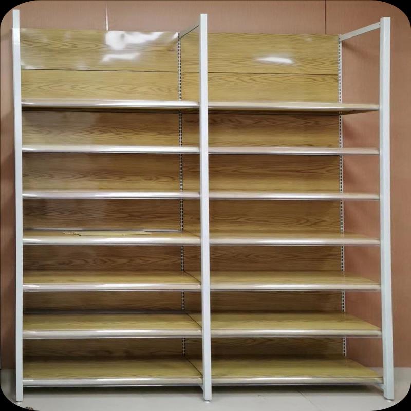 新款超市货饰品仿木纹转印货架单双面四前后双立柱加宽厚展示架1