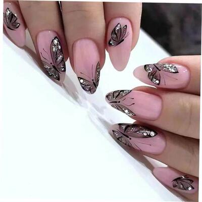 24Pcs Detachable Almond False Nails with Pearl Decoration El