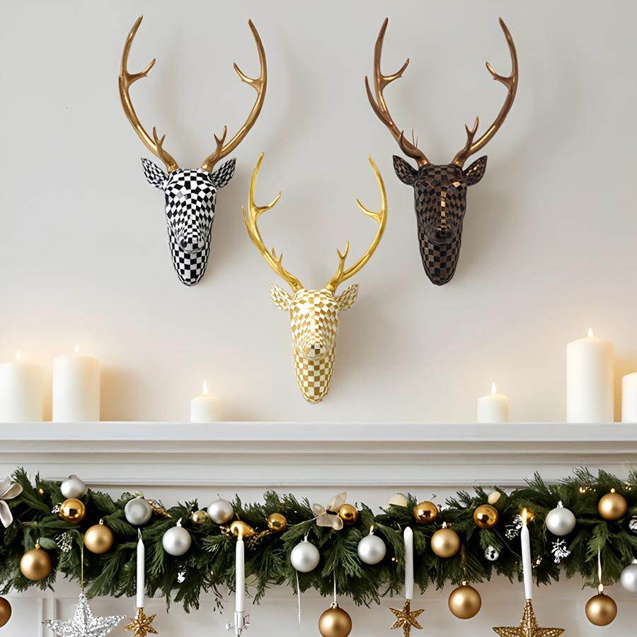 爆款马赛克鹿头壁挂动物头雕像方格鹿角挂件家居摆件客厅玄关装饰