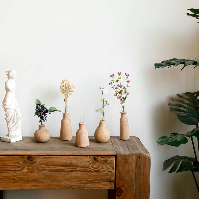 手工实木质小号花瓶景观摆件原木花器水培试管田园迷你多盆栽创意