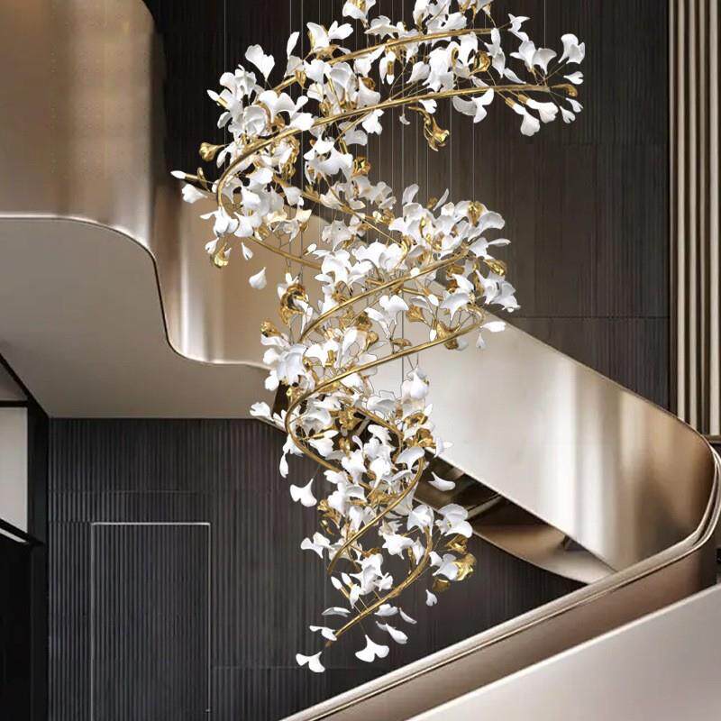 创意银杏叶楼梯长吊灯轻奢大气别墅客厅复式loft酒店大堂艺术灯具