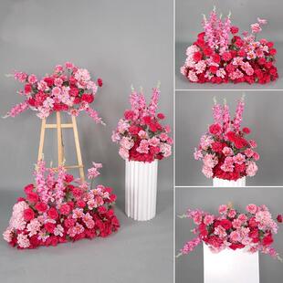 玫红色婚庆仿真花婚礼现场布置成品花排路引花订婚迎宾花装饰盆花