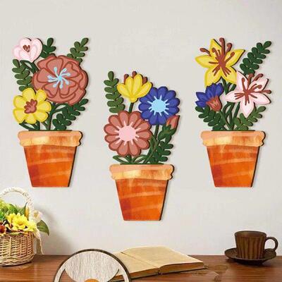 Vase Flowers Wall Art Set Boho Hangable 3 Pieces Wall