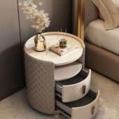 轻奢极师简计端实木床头设柜圆形现床头柜高代简约卧室免安装 岩板