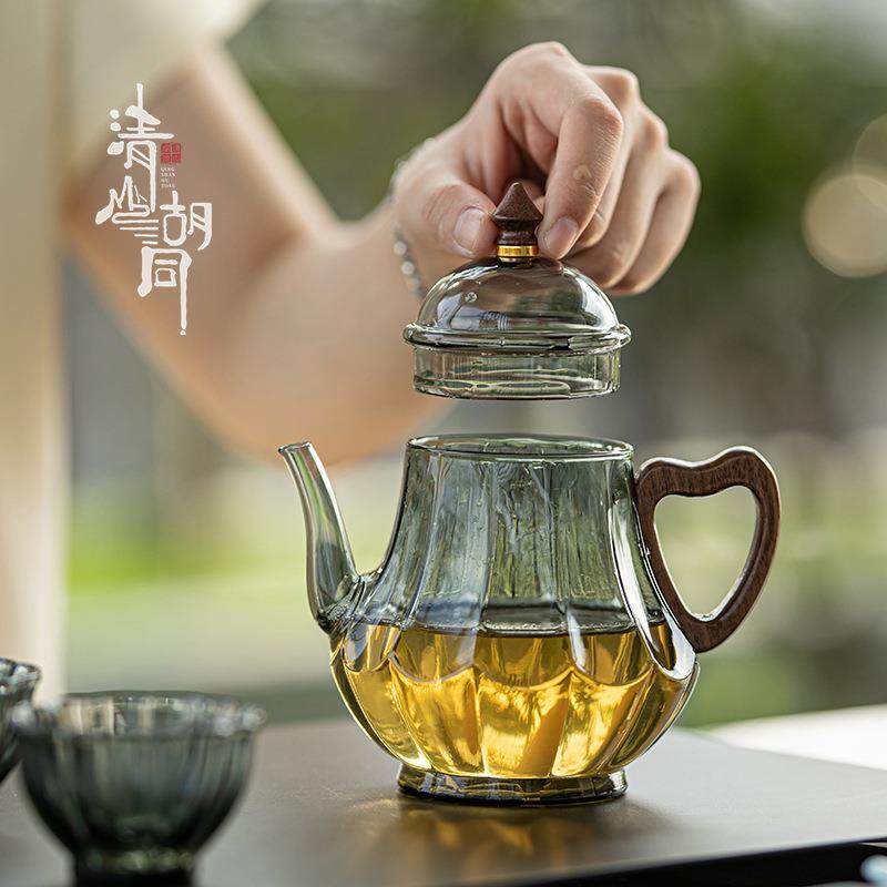 复古耐热玻璃茶滤壶绿茶仿宋加REP厚花壶茶手执带孔家用壶煮茶烧