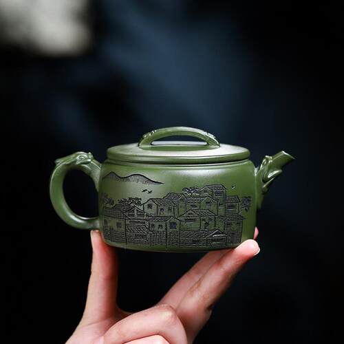 宜兴全手工墨BWL泥名家绿款泡紫砂壶一件批古韵龙瓦起茶壶密文发