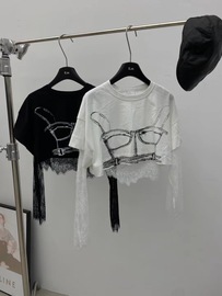 Esu2024春夏设计感两件套蕾丝镂空打底衫+印花百搭短款T恤