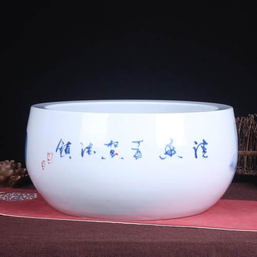 德景水镇陶瓷鱼缸大号手绘青BOA花盆瓷荷花聚宝培植物缸摆件
