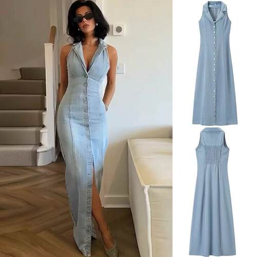 Women's batch light blue denim long skirt