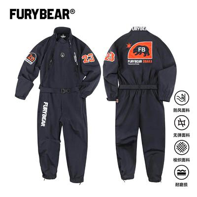FURYBEAR熊怒品牌藏青蓝运动机车摩托赛车工装刺绣连体衣裤连体服