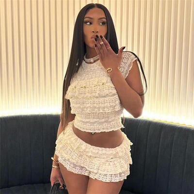 Womens Lace Trim Crop Top Skirt TwoPiece Set Solid Round