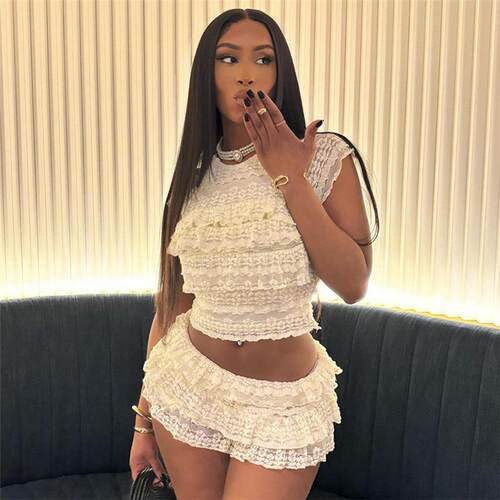Fashion Ruffle Lace Detail Pleated Two-Piece Top And Short