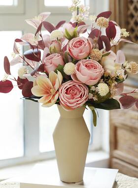 玫瑰玉兰仿真花束假花高档轻奢花艺摆件客厅餐桌花装饰品干花摆设