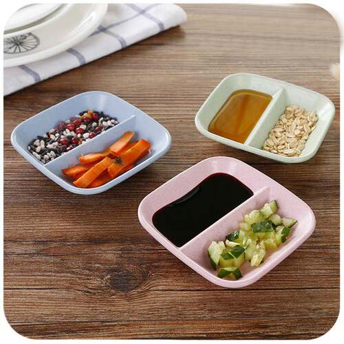 Plain Wheat Straw Double Compartment Seasoning Dish, Kitchen