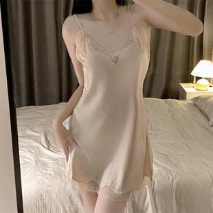 家居服 睡裙女夏季 冰丝绸高级感薄款 吊带睡衣性感蕾丝夏款 2024新款
