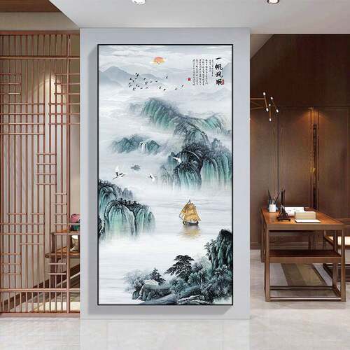 门入水户玄关山进装饰画新中式迎松客竖款挂画办公5770310室大气