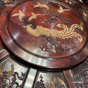 纳雷深雕孔雀圆桌印尼黑酸枝餐桌阔叶黄檀红木圆台实木饭桌源头