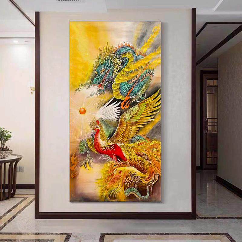 龙凤呈祥壁画海报自贴金龙金凤客厅玄关背景装饰画龙凤风水挂轴画