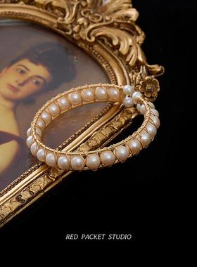 红色翻盖口袋裤覆古法国宫殿风格天然淡水珍珠缠绕开口可调手炼手