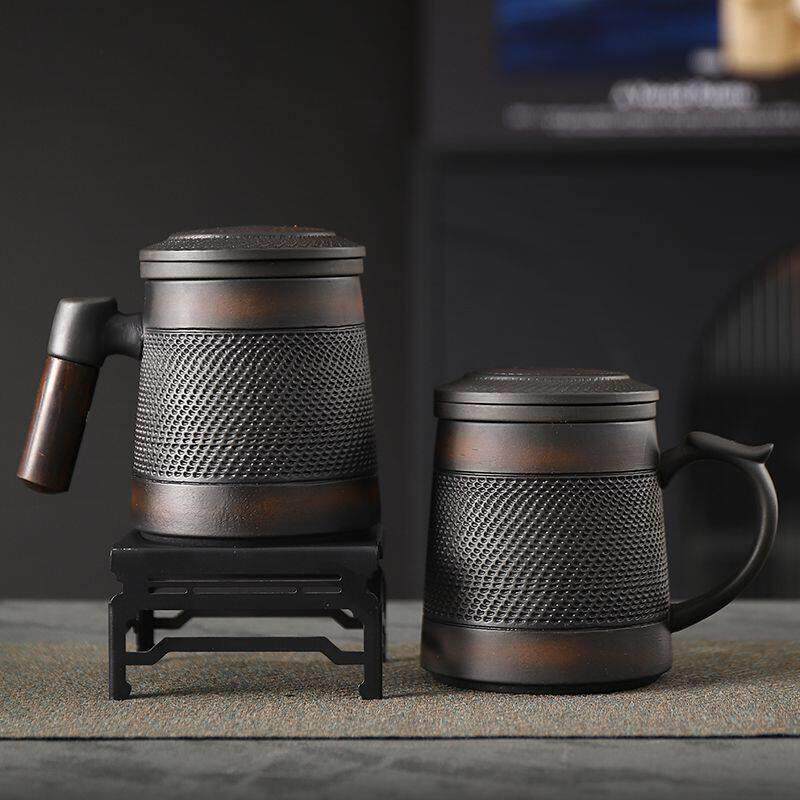 复古紫陶办公茶杯喝水杯子紫砂杯茶水分离带过滤带盖子高档个人专