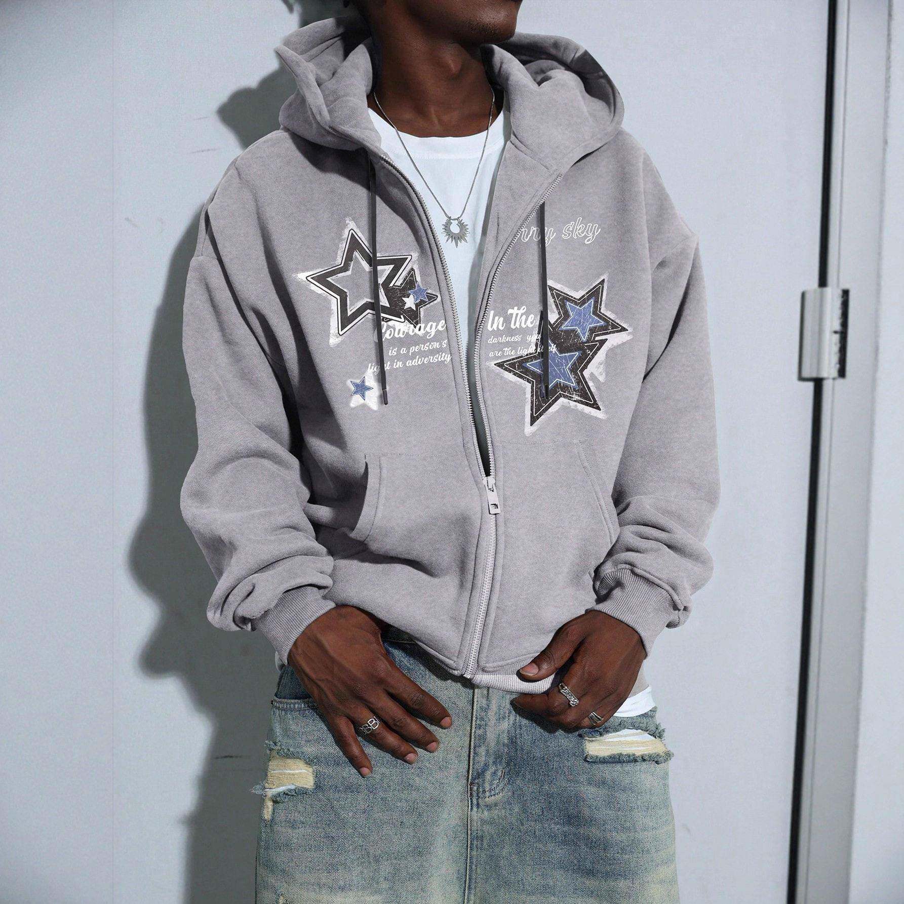 Men Zip Fleece Hoodie Jacket Star Print Casual Hooded图片