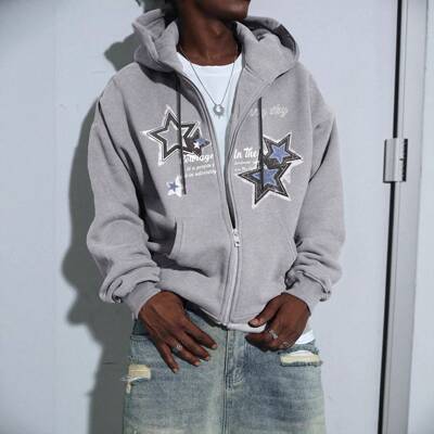 Men Zip Fleece Hoodie Jacket Star Print Casual Hooded