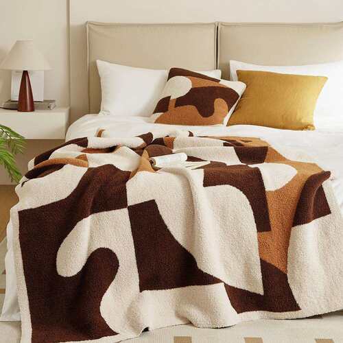 秋冬边绒极简午风针半盖毯不规则M22007图案沙发毯织休毯沙发巾软