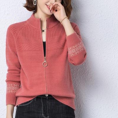 100%纯羊毛衫女针织开衫外套上衣外搭拉链毛衣春秋季半高领羊绒衫