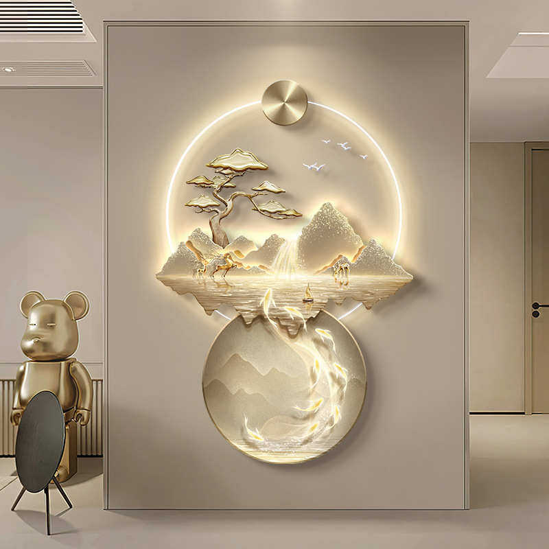 现代轻奢玄关装饰画高级感走廊过道壁灯画山水画入户门正对墙挂画