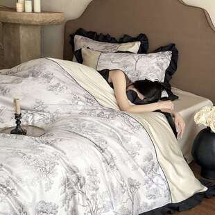 高档轻奢风100支长绒棉四件套花边款细腻亲肤被套搭配意式极简风