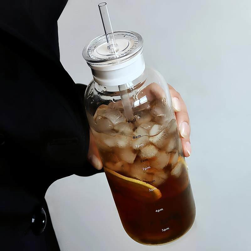 日本进口精工杯子家用带吸管咖啡杯刻度杯玻璃大容量带盖子耐热水