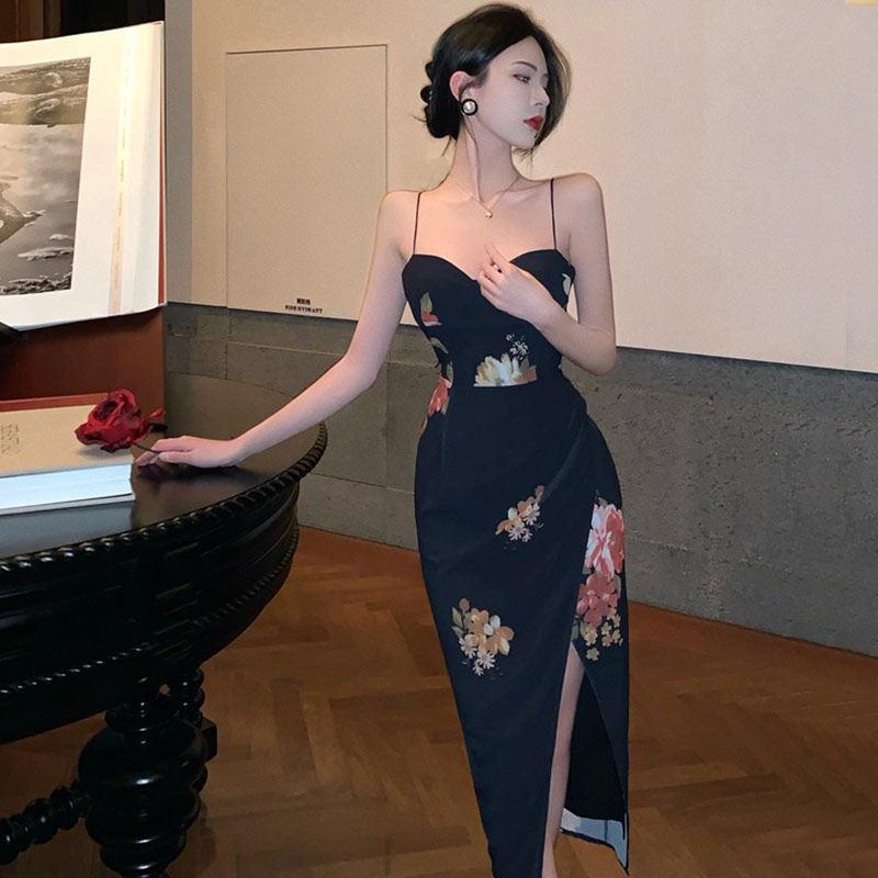 港式覆古印花高级晚礼服女士宴会优雅小众性感开叉黑色吊带裙