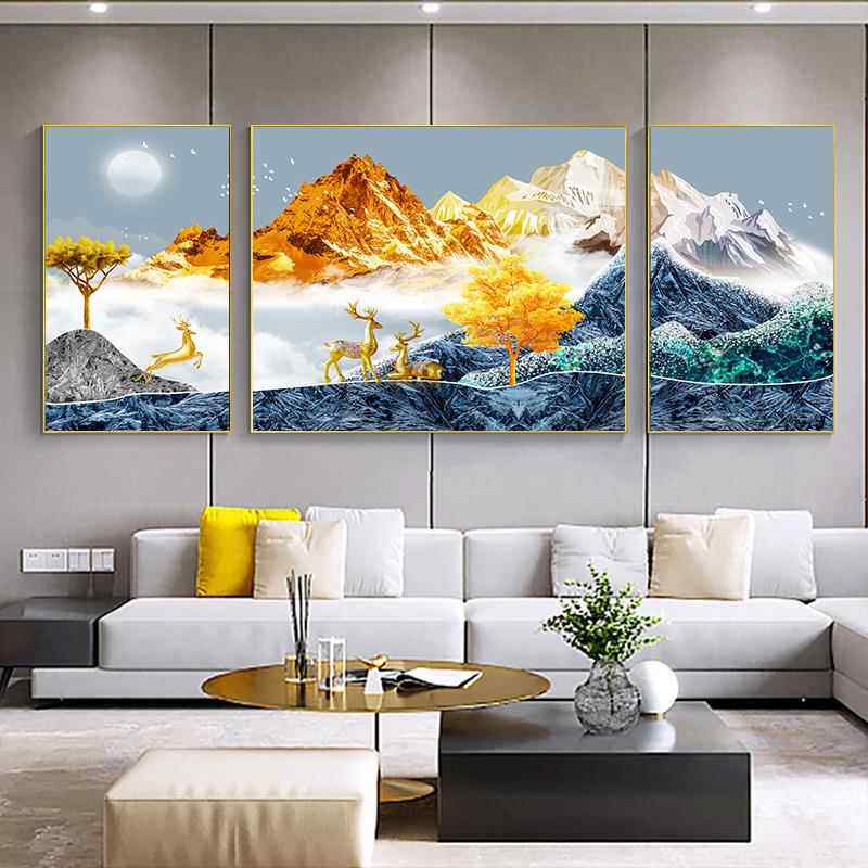 客厅装饰画后金山现代极简主义沙发背景墙三联画新中国风可及豪华