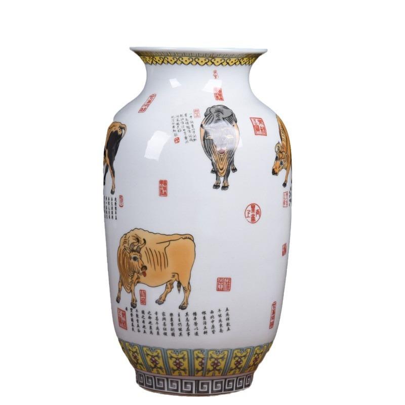 仿古陶瓷工艺品摆件釉上彩五牛图瓷瓶餐桌博古架装饰品收藏摆设