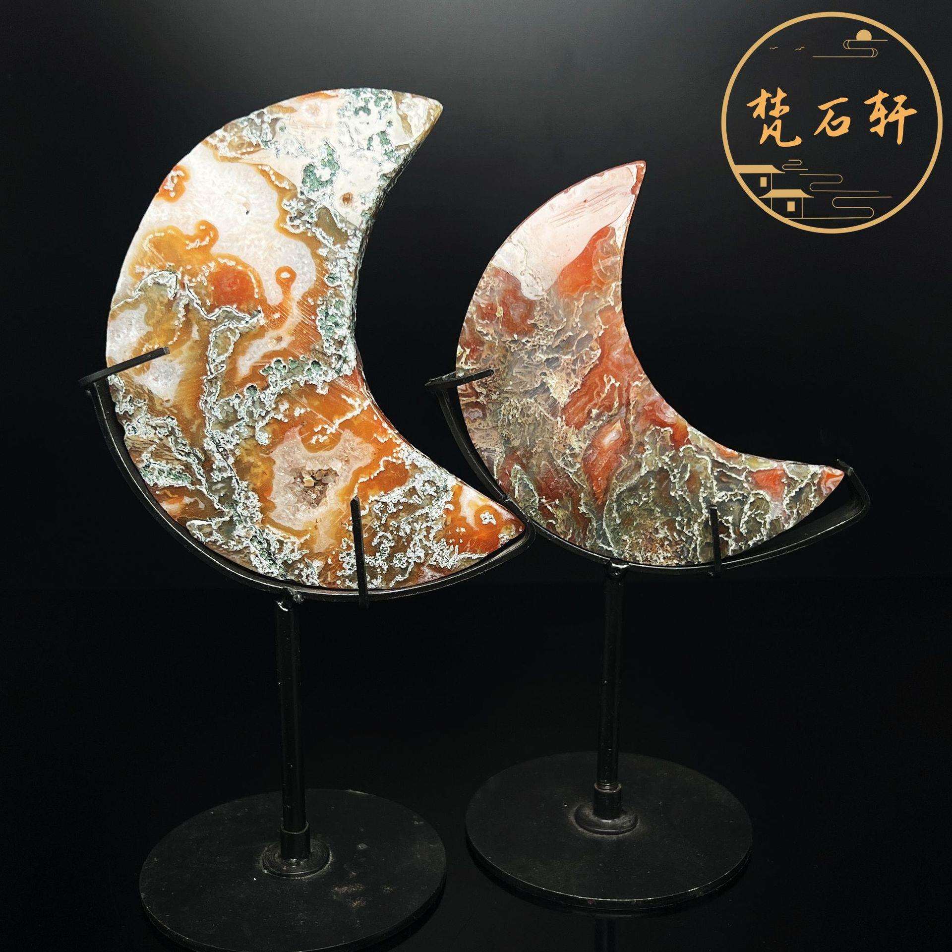 跨境热卖天然水晶红水草玛瑙月亮雕刻摆件家居装饰居家摆件