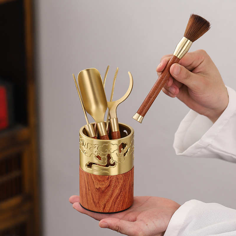 高端黑檀木黄铜茶道六君子套装茶具配件大全茶刀笔夹泡茶工具用品