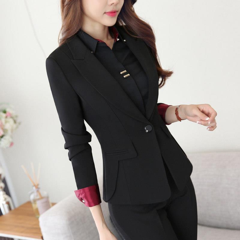 高端正装女士套装职业春秋优雅前台工作服教师工作服长袖黑色套装