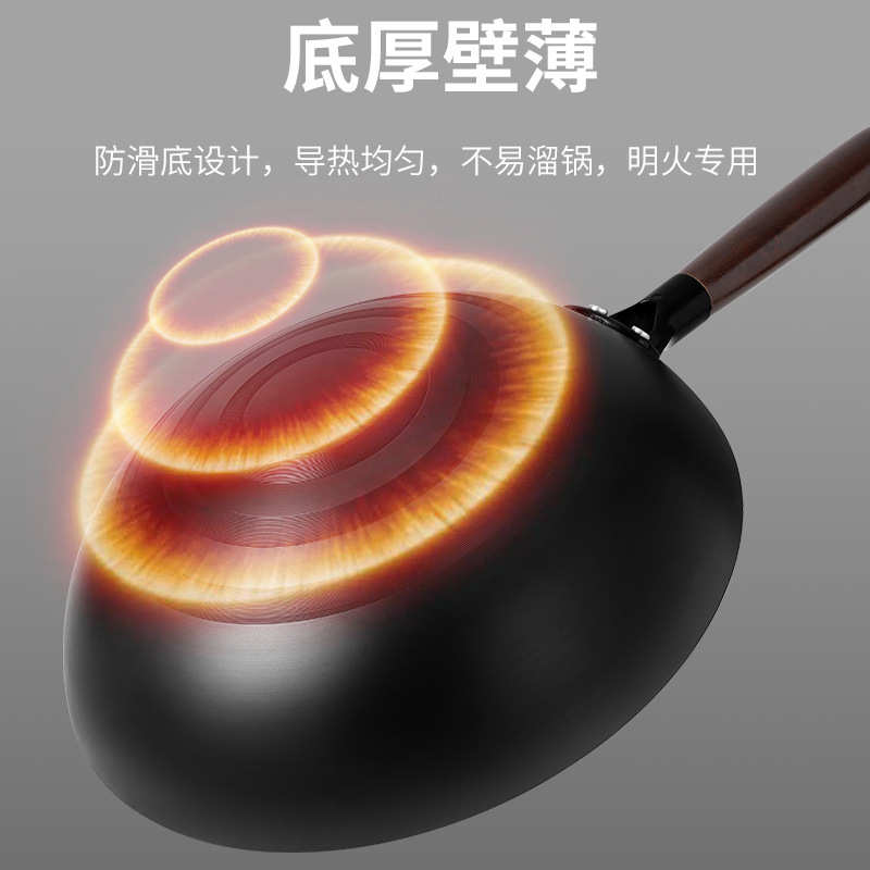 章丘精铁锅防滑平底炒菜锅 家用少油烟圆底锅灶具通用爆炒不粘锅