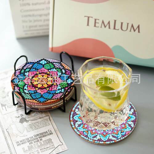 跨境TEMU热款曼陀罗花钻石画杯垫送铁架单面贴钻底部木质货源直发