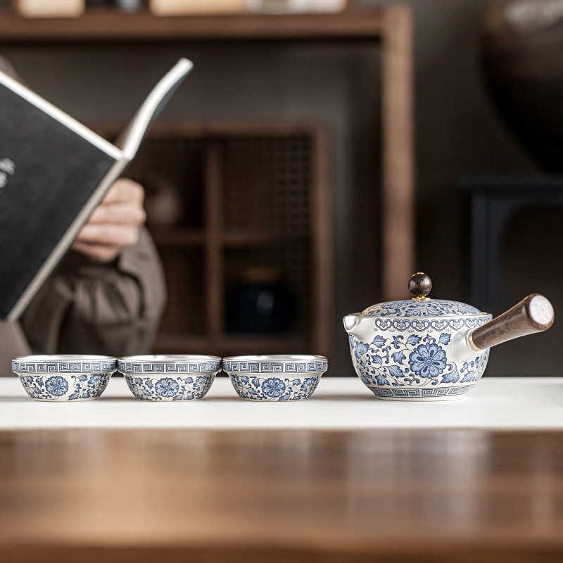 鎏银缠枝莲侧把壶旅行茶具一壶三杯陶瓷户外便携功夫茶具泡茶用具