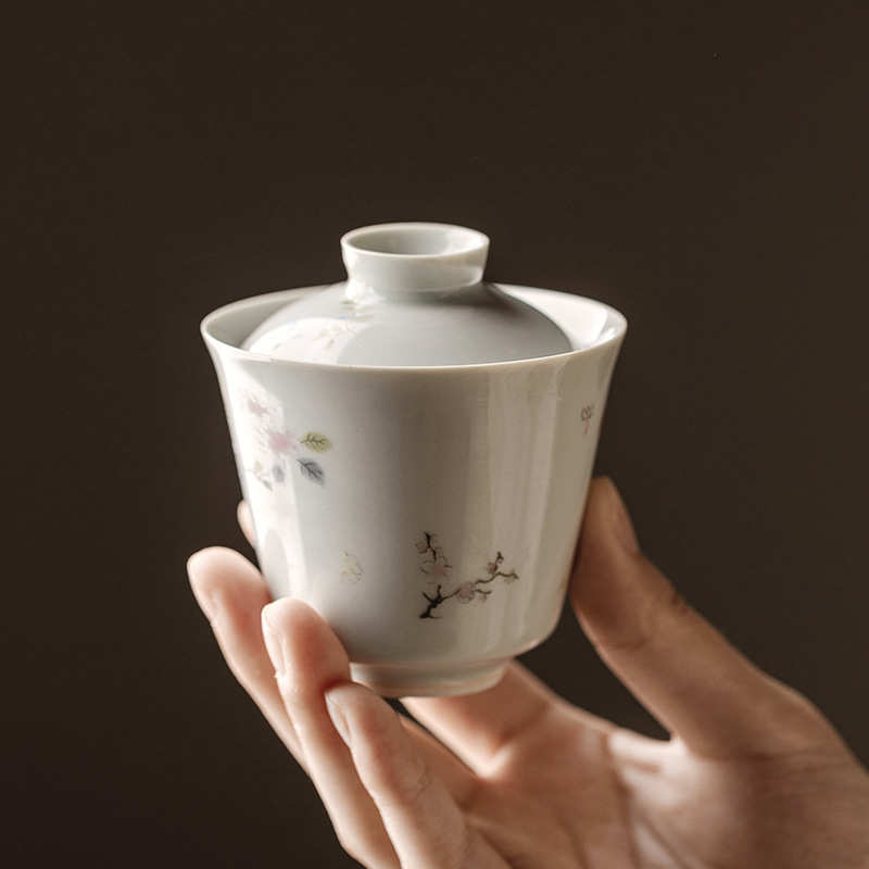 束刻 中式古青执梦小碎花盖碗功夫茶具手工薄胎不烫手手绘泡茶碗