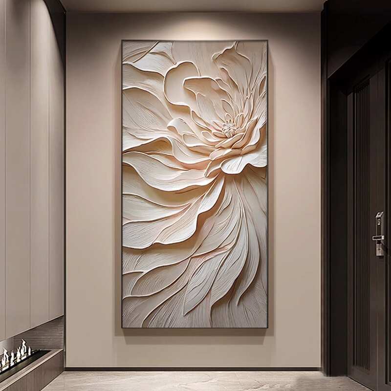 北欧玄关装饰画浮雕肌理立体感过道走廊壁画高级花开富贵客厅挂画